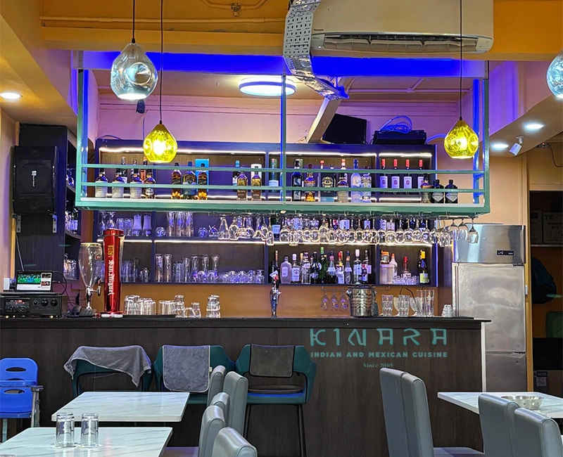 Fine dining area with wooden tables and warm lighting